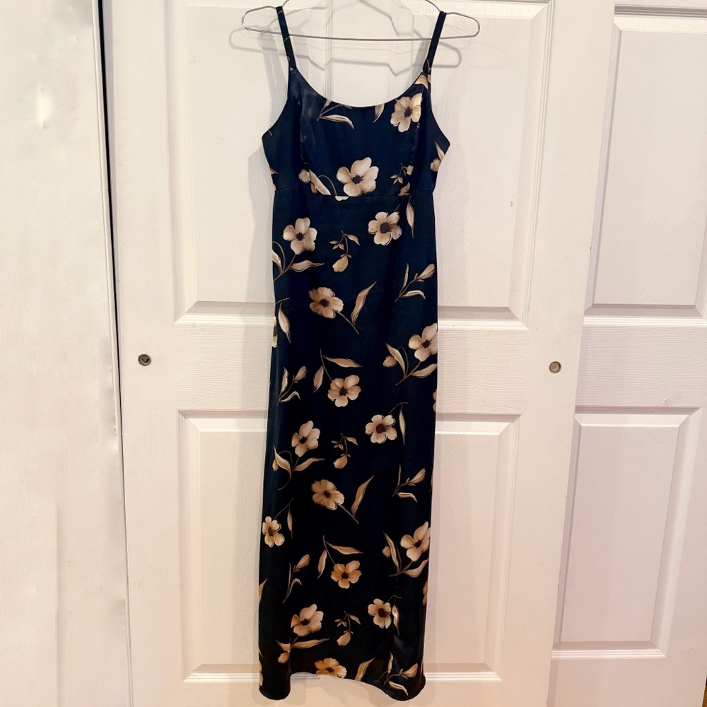 Vintage 90s NYC The Vintage Twin DBY LTD Long Silky Navy Floral Maxi Dress Sz 5